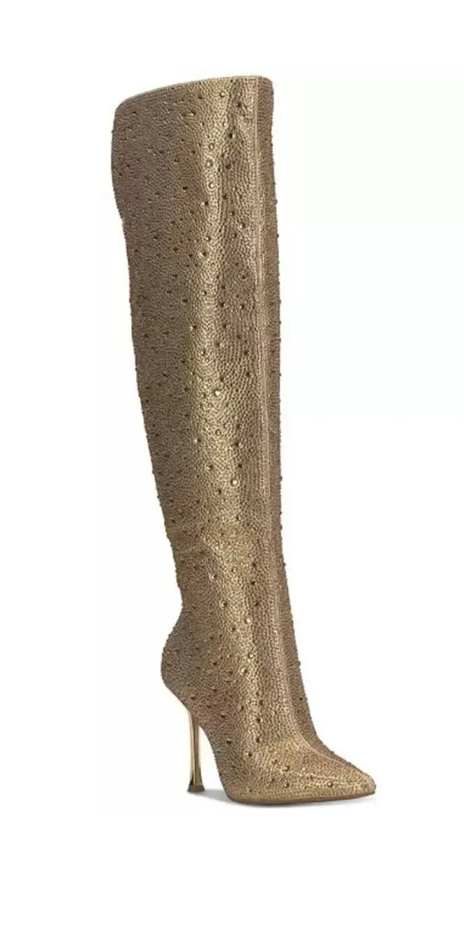 I.N.C. International Concepts Saveria Over Knee Boots Gold Bling SZ 5 MSRP $199